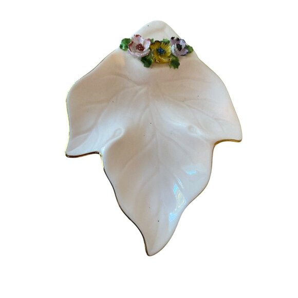 Staffordshire England Pink Trinket Dish Floral Bone China Leaf Gold Trim 5 In L - Picture 3 of 10